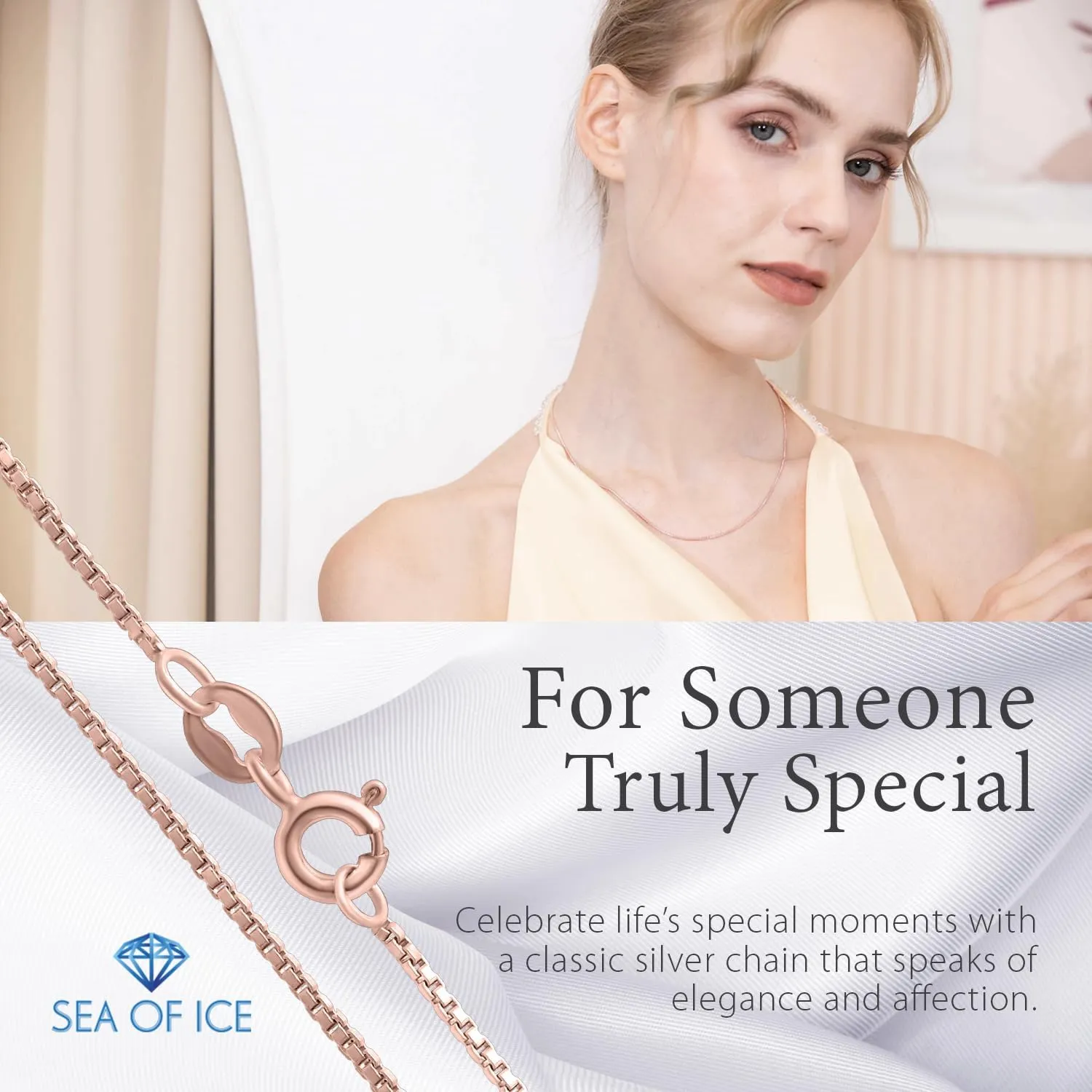 SEA OF ICE Chain Necklace 925 Sterling Silver with Ring Clasp Closure, Italian Box Necklace Chain Necklace for Women & Men, Available in Gold, Rose Gold, Silver, and Black Rhodium, Multisize