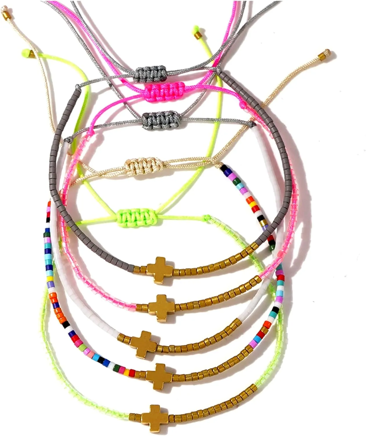Seed Beads Cross Friendship Bracelets set for Women, 5Pcs Trendy Boho Handmade Colorful Adjustable Stackable Bracelets Summer Beach Jewelry Gift.