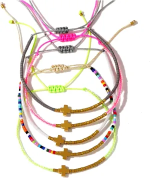 Seed Beads Cross Friendship Bracelets set for Women, 5Pcs Trendy Boho Handmade Colorful Adjustable Stackable Bracelets Summer Beach Jewelry Gift.