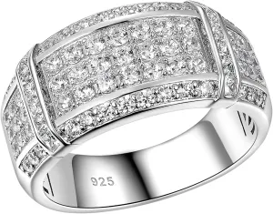 SHELOVES Mens Wedding Rings 925 Sterling Silver Rings Wedding Band for Man Round Cut AAAAA Cubic Zirconia CZ Sz 8-13