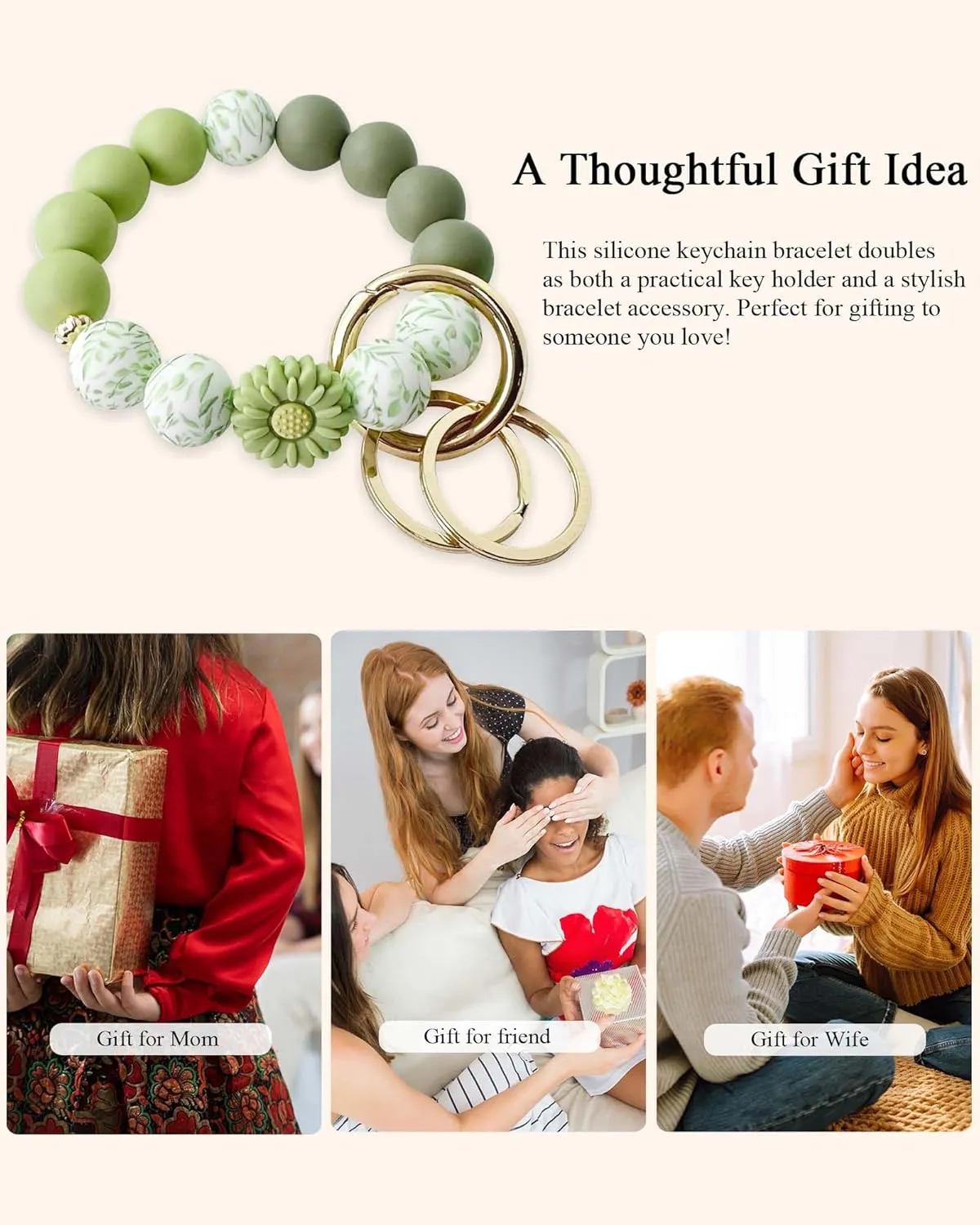 Silicone Key Ring Bracelet, Cute Keychain Wristlet with 2 Key Rings, Elastic Car Key Holder Bangle for Women