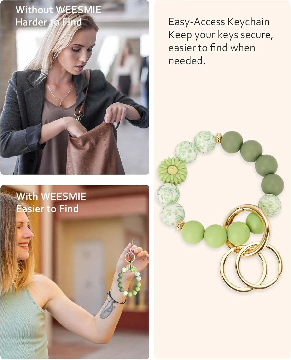 Silicone Key Ring Bracelet, Cute Keychain Wristlet with 2 Key Rings, Elastic Car Key Holder Bangle for Women