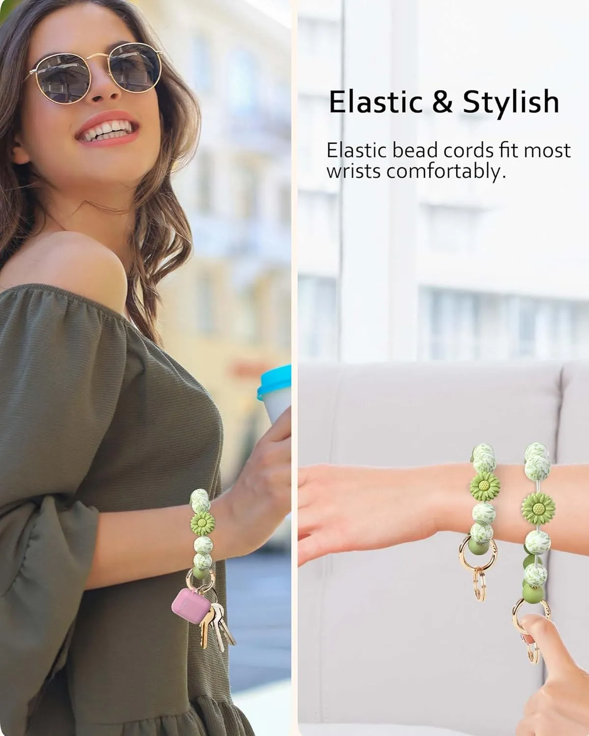 Silicone Key Ring Bracelet, Cute Keychain Wristlet with 2 Key Rings, Elastic Car Key Holder Bangle for Women