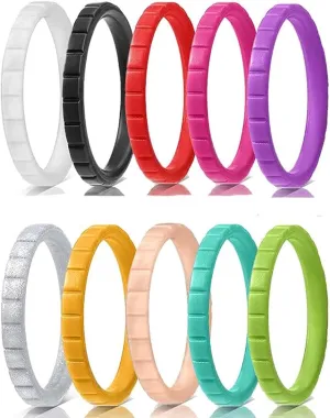 Silicone Wedding Rings for Women, 10pcs Thin Stackable Rubber Ring Set 3mm Width Simple Stepped Silicone Ring Bands for Couples Size 5-10