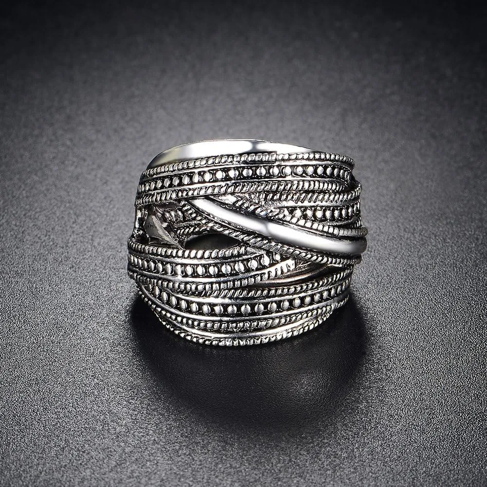 Silver and Gold Cable Rings for Women 2 Tone Crisscross Intertwined Chunky Cocktail Wide Statement Ring