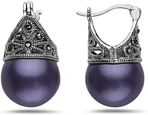 SILVER EMPIRE Fine Jewelry | 925 Sterling Silver Filigree Earrings for Women | Features Marcasite & Colorful Glass Pearls | Cap Mounting Design with Latch Closure | Oxidized Finish | Hypoallergenic