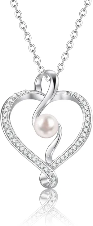 Silver Heart Necklace for Mom - Infinity Heart Pendant Mama Necklaces,Hypoallergenic Adjustable Cubic Zirconia Love Pearl Pendants Jewelry with Box,Thoughtful Birthday Mothers Day Gifts for Women