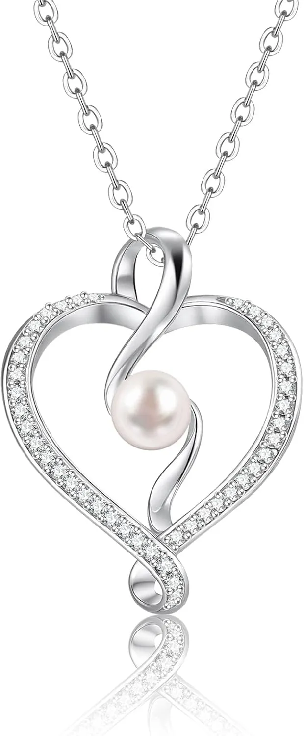 Silver Heart Necklace for Mom - Infinity Heart Pendant Mama Necklaces,Hypoallergenic Adjustable Cubic Zirconia Love Pearl Pendants Jewelry with Box,Thoughtful Birthday Mothers Day Gifts for Women