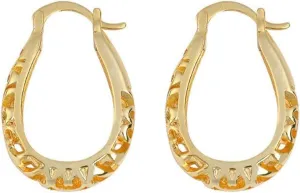 Silver Plated Hoop Earrings 14K Gold Plated Filigree Huggie Earrings Medium Oval Hoop Earrings Hollow-out Texture Flower Huggie Hoops Click Top Pierced Trendy Jewelry for Women