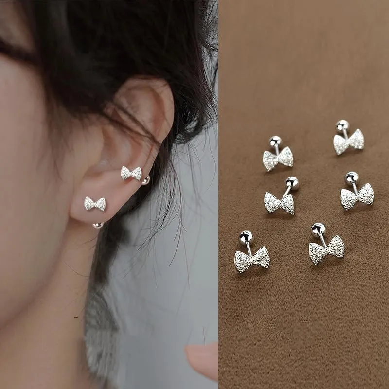 Silver Sparkly Bow Earrings for Women Gold Ribbon Bow Stud Earrings Silver Bow Knot Earring for Teen Girls Christmas Jewelry Accessories Sleep Without Picking