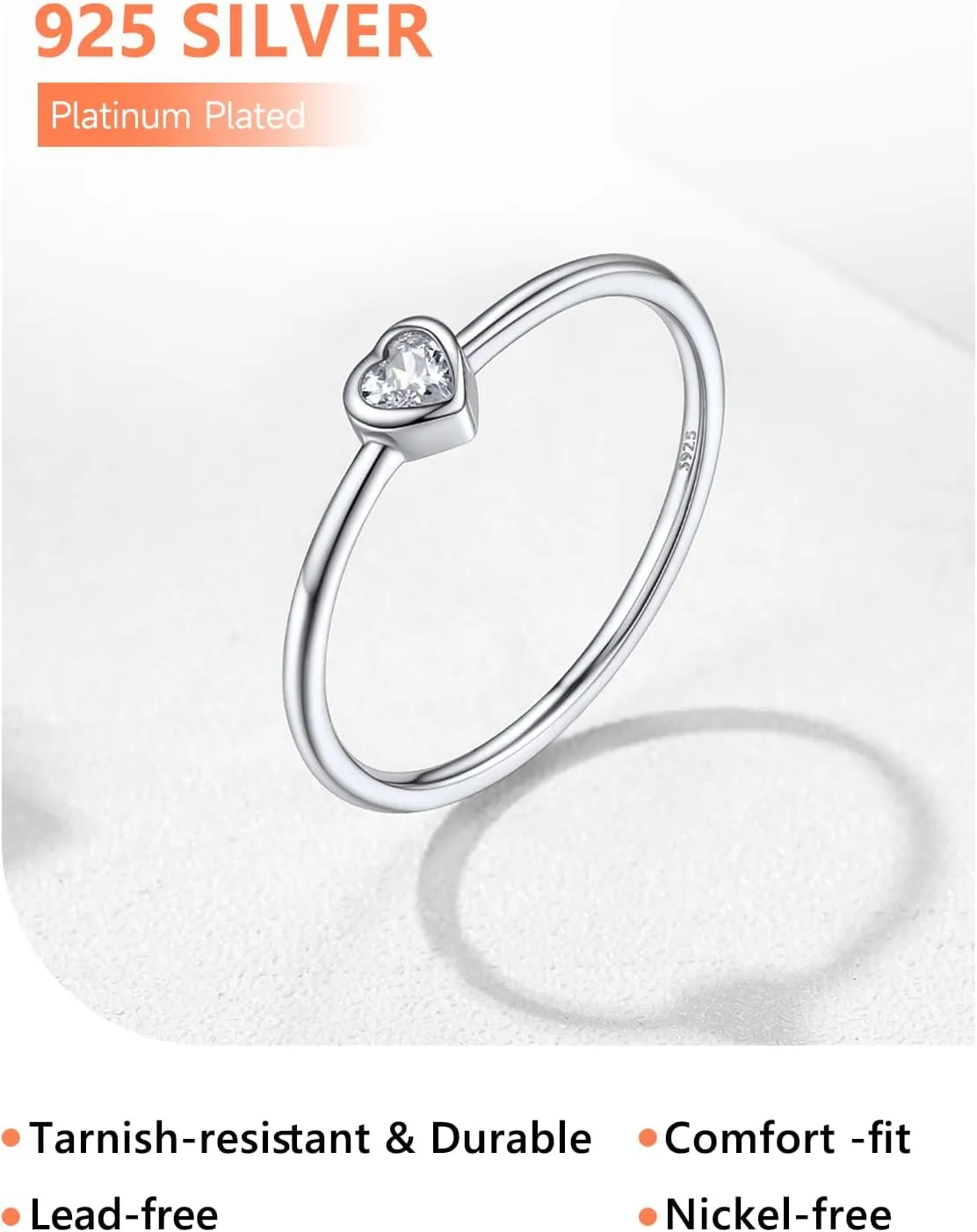 Silvora 925 Sterling Silver Simple Black Heart Ring Tiny Heart Wedding Band Rings for Women Size 4-12