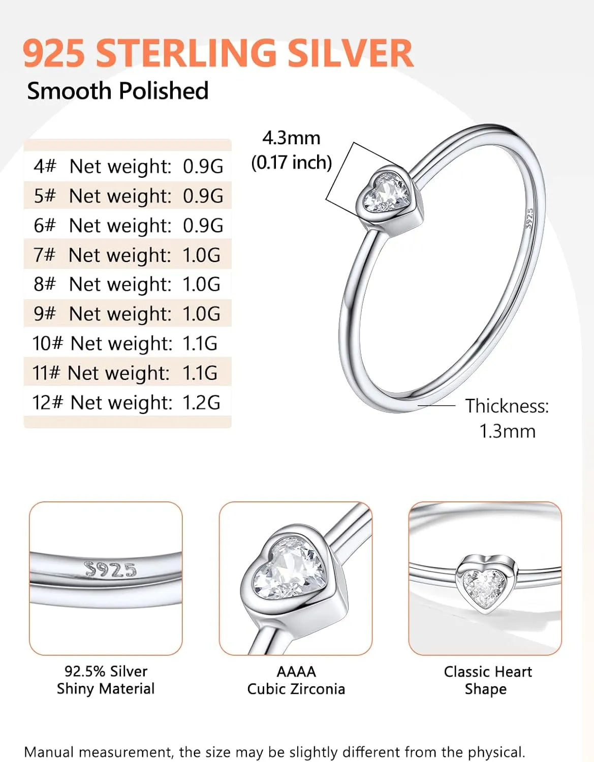 Silvora 925 Sterling Silver Simple Black Heart Ring Tiny Heart Wedding Band Rings for Women Size 4-12