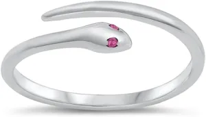 Simulated Ruby Cubic Zirconia Little Snake Ring 925 Sterling Silver