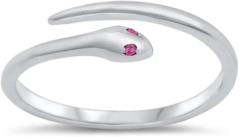 Simulated Ruby Cubic Zirconia Little Snake Ring 925 Sterling Silver