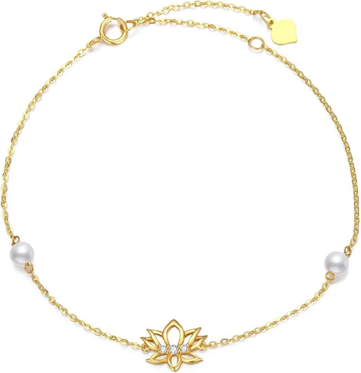 SISGEM 14K Real Gold Flower Bracelet for Women,Yellow Gold Exquisite Lotus Pearl Bracelet/Daisy Heart Bracelet/Sunflower Bracelet Anklet Anniversary Birthday Gifts for Her 6.5'' 1'' 1''
