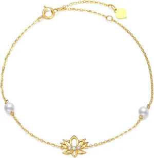 SISGEM 14K Real Gold Flower Bracelet for Women,Yellow Gold Exquisite Lotus Pearl Bracelet/Daisy Heart Bracelet/Sunflower Bracelet Anklet Anniversary Birthday Gifts for Her 6.5'' 1'' 1''