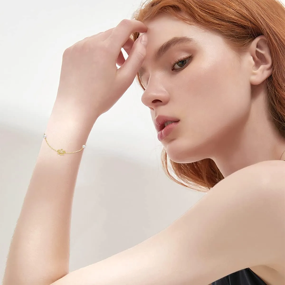 SISGEM 14K Real Gold Flower Bracelet for Women,Yellow Gold Exquisite Lotus Pearl Bracelet/Daisy Heart Bracelet/Sunflower Bracelet Anklet Anniversary Birthday Gifts for Her 6.5'' 1'' 1''