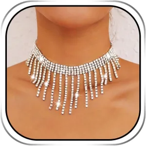 Sixexey Rhinestone Choker Necklaces Silver Neck Chain Sparkly Tassel Necklace Dainty Party Prom Necklace Jewelry for Women