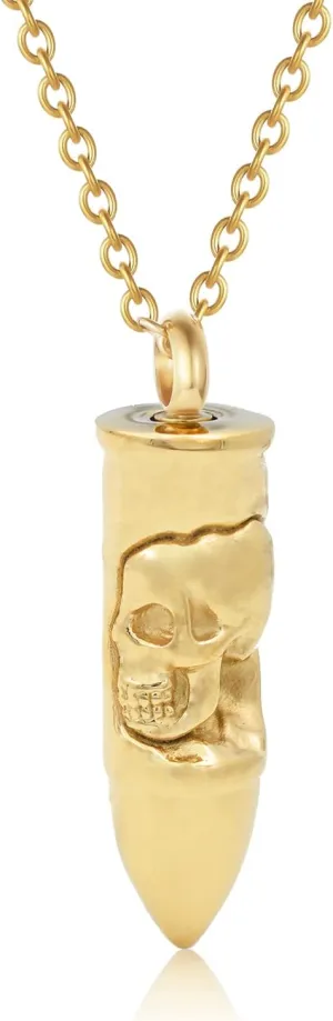 Skull Bullet Urn Necklace - Stainless Steel Punk Cremation Keepsake Jewelry for Men - Skeleton Bullet Urn Pendant