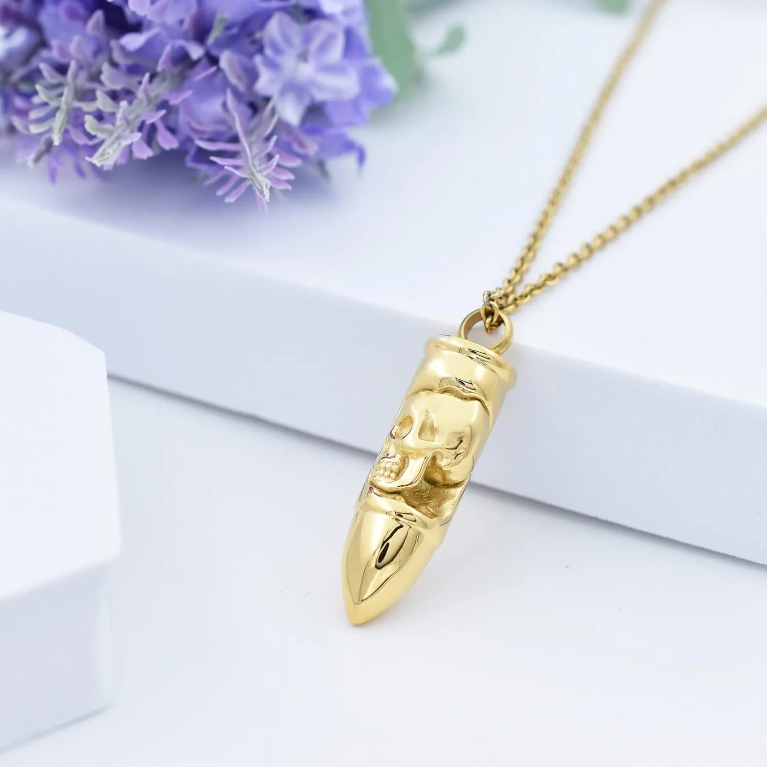 Skull Bullet Urn Necklace - Stainless Steel Punk Cremation Keepsake Jewelry for Men - Skeleton Bullet Urn Pendant