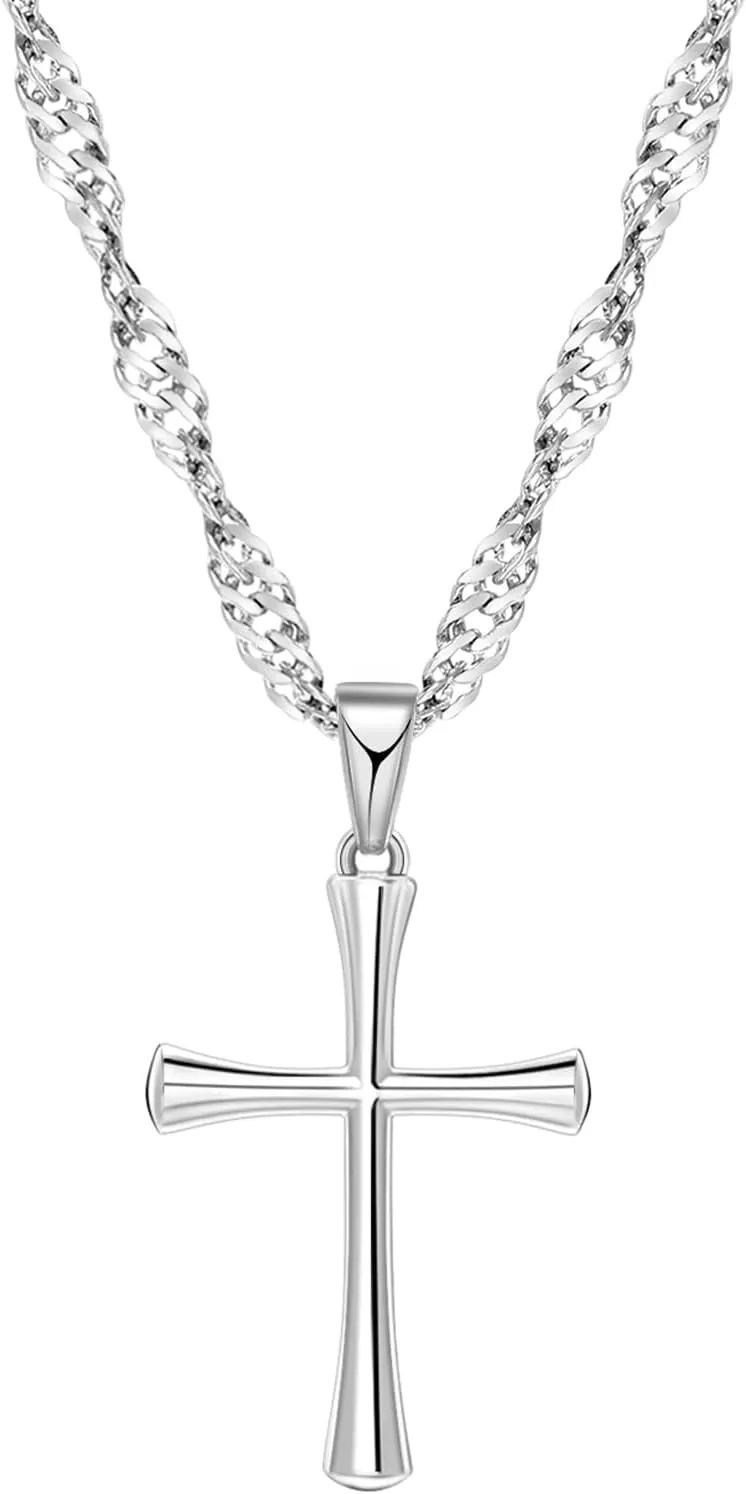 Small Cross Pendant Necklace for Women,925 Silver Plated 14K White Gold Pendant with 18"   2" Wave Chain Stainless Steel