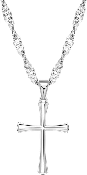 Small Cross Pendant Necklace for Women,925 Silver Plated 14K White Gold Pendant with 18"   2" Wave Chain Stainless Steel