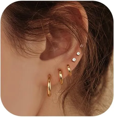 Small Gold Hoop Earrings for Women Dainty Gold Earrings| 14K Gold Plated Hypoallergenic Stud earrings Set| Cartilage Earrings for Multiple Piercing for Women (02-Gold)