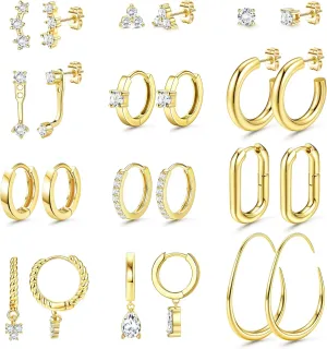 Small Gold Hoop Earrings Set for Women - 14K Gold Plated Hypoallergenic Huggie Hoops for Sensitive Ears Cartilage Stud Earring Stacks for Multiple Piercing