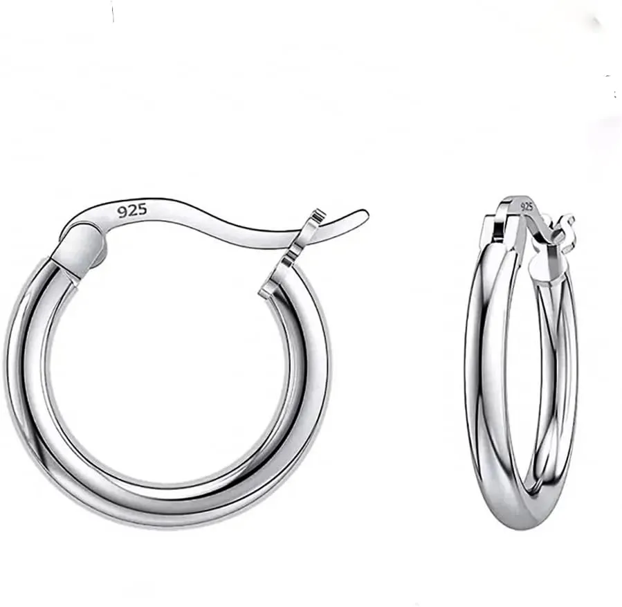 Small Solid White Gold Plated Pure 925 Sterling Silver Trendy Cool Lightweight Thin French Lock Hoop Earrings for Men Women Cartilage Hypoallergenic Huggie Hoops Earrings