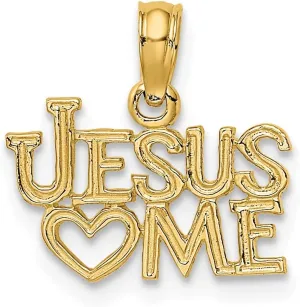 Solid 14k Yellow Gold and Engraved JESUS HEART ME Charm Pendant - 14mm x 14mm