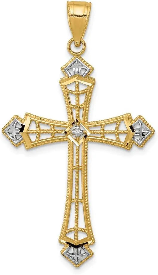 Solid 14k Yellow Gold Two Toned Diamond-cut Cross Pendant Charm - 41mm x 23mm