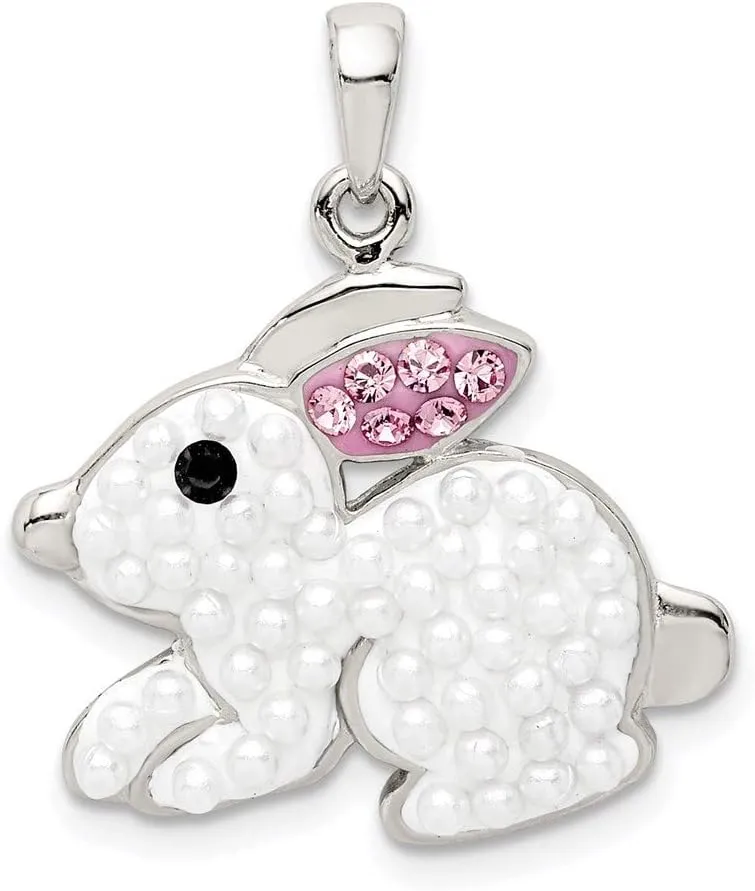 Solid 925 Sterling Silver Imitation Pearl and Preciosa Crystal Rabbit Pendant Charm - 17mm x 21mm