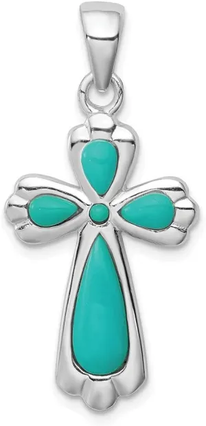 Solid 925 Sterling Silver Imitation Turquoise Cross Pendant Charm