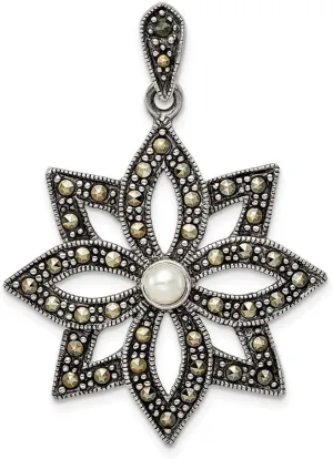 Solid 925 Sterling Silver Vintage Antiqued Marcasite and Imitation Pearl Flower Pendant Charm - 42mm x 28mm
