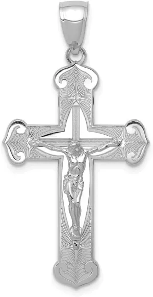 Solid Real 14K White Gold Crucifix Jesus on Engraved Cross Pendant Charm