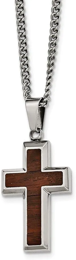 Solid Stainless Steel Men's Wood Inlay Cross Pendant Necklace Charm Chain 24"