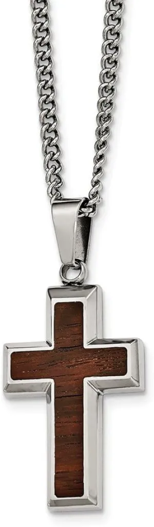 Solid Stainless Steel Men's Wood Inlay Cross Pendant Necklace Charm Chain 24"
