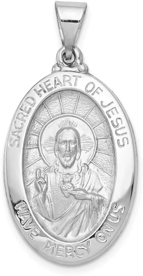 Sonia Jewels 14k White Gold Sacred Heart of Jesus Medal Brushed Matte Finish Pendant Charm - 27mm x 17mm