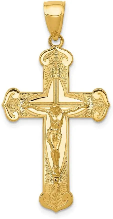 Sonia Jewels Real 14k Yellow Gold Crucifix Jesus on Engraved Cross Pendant Charm