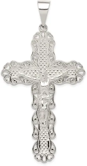 Sonia Jewels Real 925 Sterling Silver and Textured Large Flower Floral Cross Jesus Pendant Charm