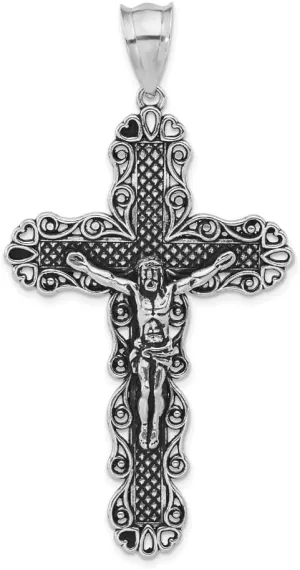 Sonia Jewels Real 925 Sterling Silver Vintage Antiqued and Textured Large Flower Floral Cross Jesus Pendant Charm