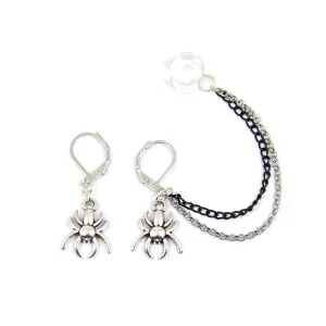 Spider web ear cuff Lever back earrings Non pierced cartilage ear wrap Dangle Halloween witch Scary skull goth tarantula men jewelry gift unusual ear jacket for Gothic party Birthday gift for teen