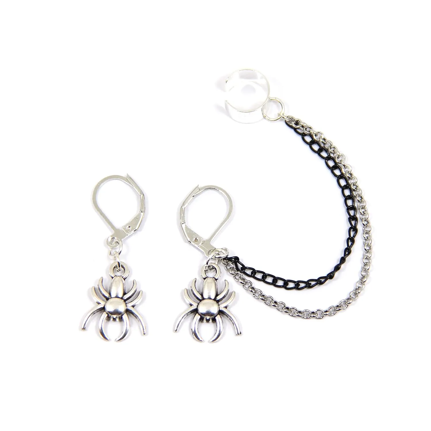 Spider web ear cuff Lever back earrings Non pierced cartilage ear wrap Dangle Halloween witch Scary skull goth tarantula men jewelry gift unusual ear jacket for Gothic party Birthday gift for teen