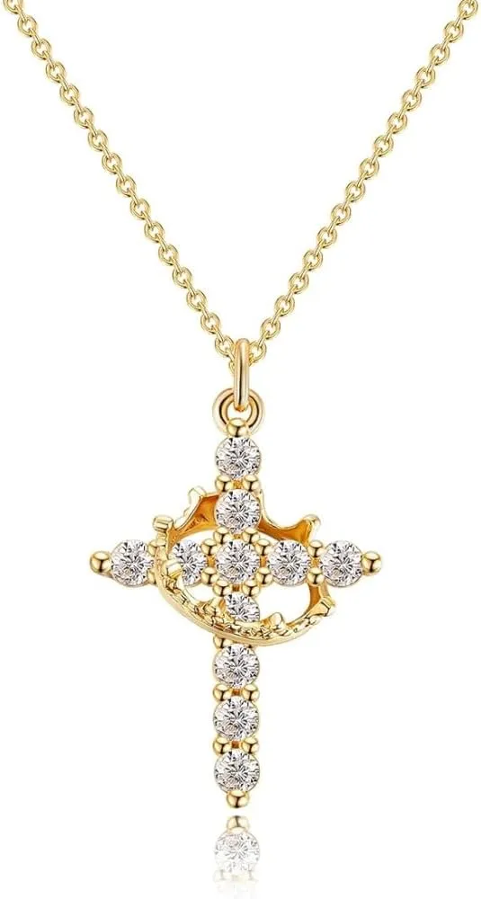 Spinning Cross Crown Necklace for Women 14K Gold Plated Rotating Crystal Cross Pendant Necklace Crossed Faith Jewelry New Year Gifts