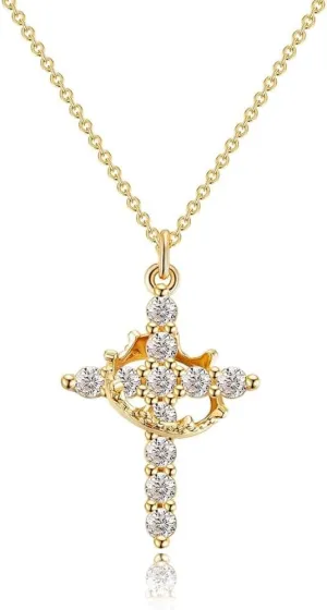 Spinning Cross Crown Necklace for Women 14K Gold Plated Rotating Crystal Cross Pendant Necklace Crossed Faith Jewelry New Year Gifts