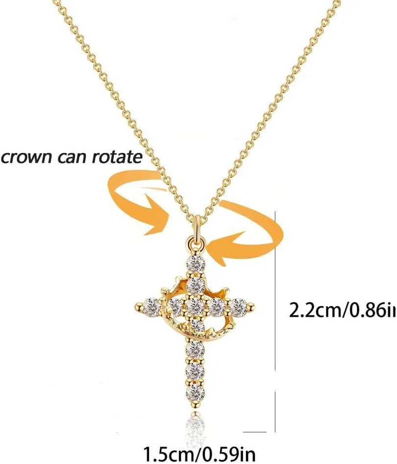 Spinning Cross Crown Necklace for Women 14K Gold Plated Rotating Crystal Cross Pendant Necklace Crossed Faith Jewelry New Year Gifts