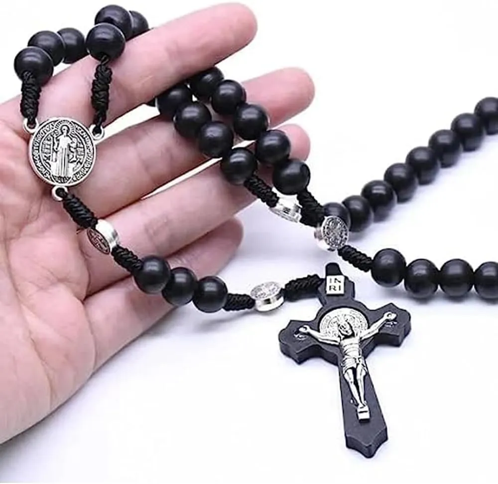 St Benedict Black Wood Rosary,Religious Black Cross Pendant Rosary Necklaces,Jesus Crucifix Cross Necklace,Christian Rosary Prayer Necklace,for Men Women Gifts