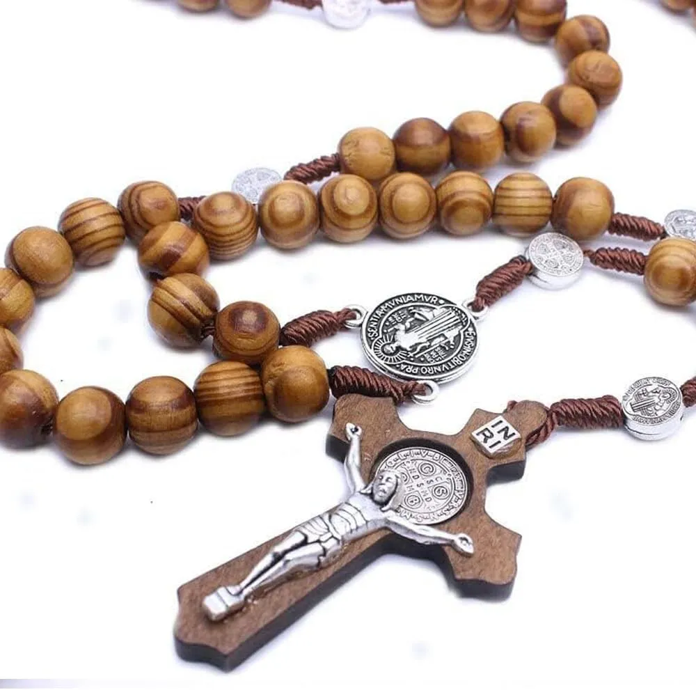 St Benedict Black Wood Rosary,Religious Black Cross Pendant Rosary Necklaces,Jesus Crucifix Cross Necklace,Christian Rosary Prayer Necklace,for Men Women Gifts