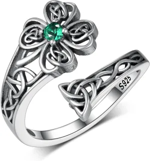 St Patricks Day Four Leaf Clover Ring 925 Sterling Silver Spoon Rings Irish Lucky Clover Ring Adjustable Thumb Ring St Patricks Day Gifts for Women
