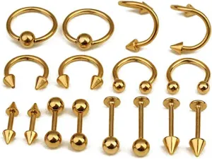 Stainless Steel 16pcs Jewelry Set Tongue Bar Ring Mixed Piercing Jewelry Gold for Women